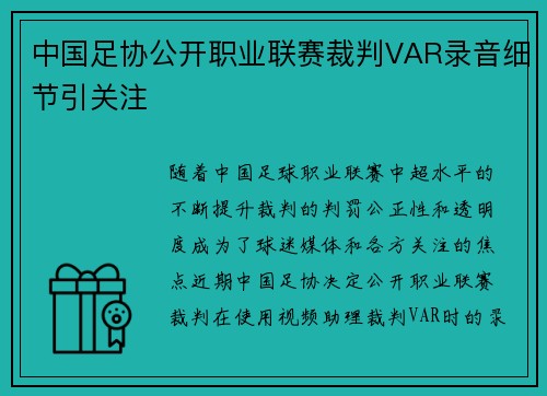 中国足协公开职业联赛裁判VAR录音细节引关注