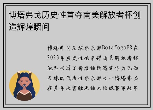 博塔弗戈历史性首夺南美解放者杯创造辉煌瞬间